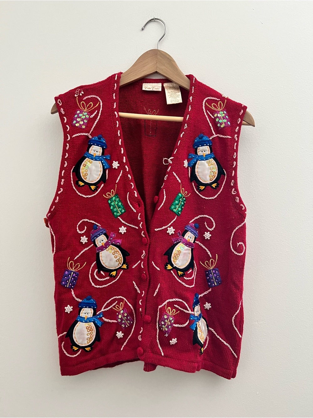 Vintage Knitted Festive Red Penguin Christmas Embroidered Button Up Grandma Vest
